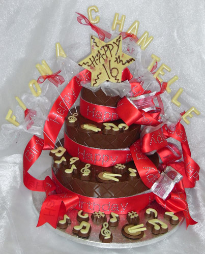 three tiers of chocolate celebrating joint 16th birthday