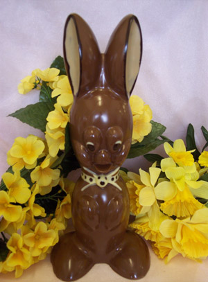 a picture of Buster, a milk chocolate bunny rabbit decorated with white and dark chocolate.
