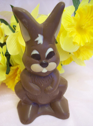 a picture of Thumper, a milk chocolate bunny rabbit decorated with white and dark chocolate.