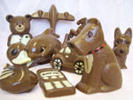 Hand-made chocolate specialities including animals, cars, and aeroplanes